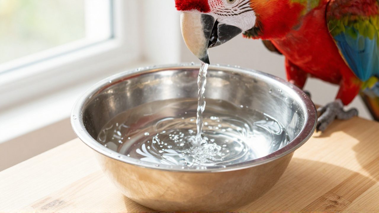 Agua limpia llenando un cuenco de acero inoxidable cerca del posadero de una guacamaya.