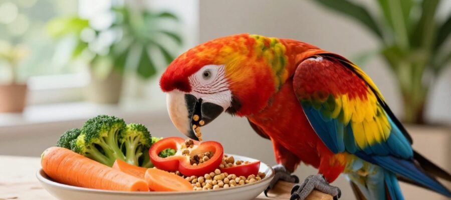 Guacamaya roja alimentándose de un cuenco con trozos de zanahoria, brócoli, pimiento y pellets en un entorno iluminado por luz natural.