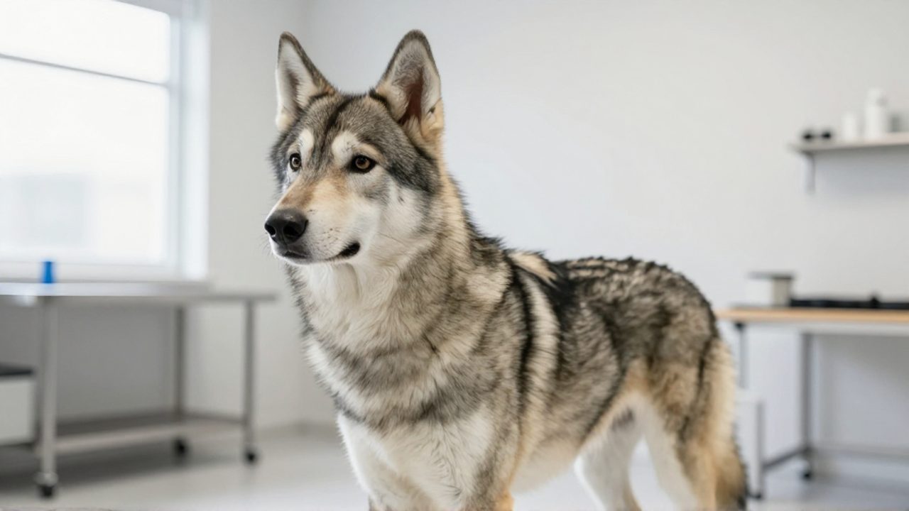 Un perro wolfdog de pelaje gris y crema permanece alerta sobre una mesa de exploración en una clínica veterinaria moderna.