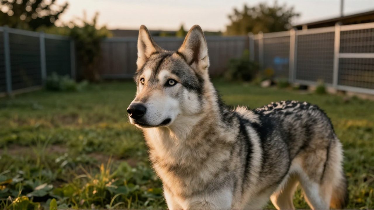 Perro wolfdog de pelaje gris y crema con mirada atenta, de pie en un amplio jardín cercado durante el atardecer.