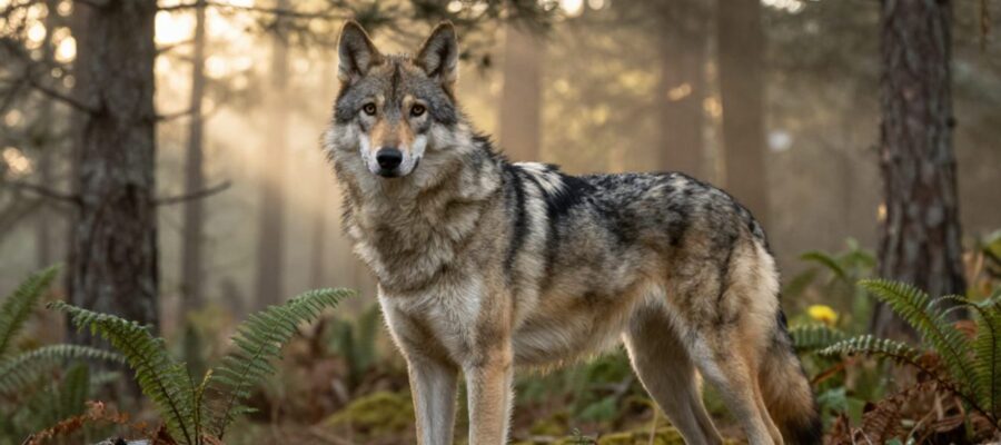 Perro wolfdog de pelaje gris y crema con ojos ámbar, de pie y atento en un bosque neblinoso con rayos de luz filtrándose entre los árboles.
