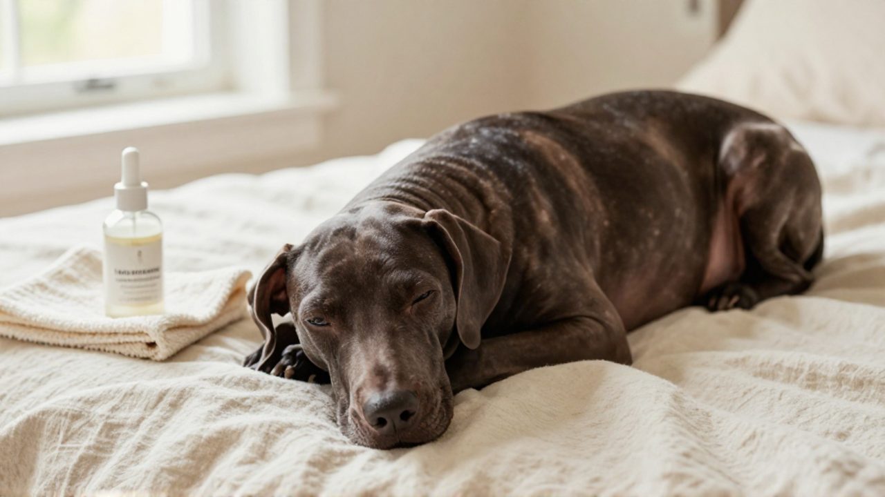 Un perro Xoloitzcuintle de piel oscura y brillante descansa sobre una manta clara junto a un bote de crema hidratante y un paño suave.