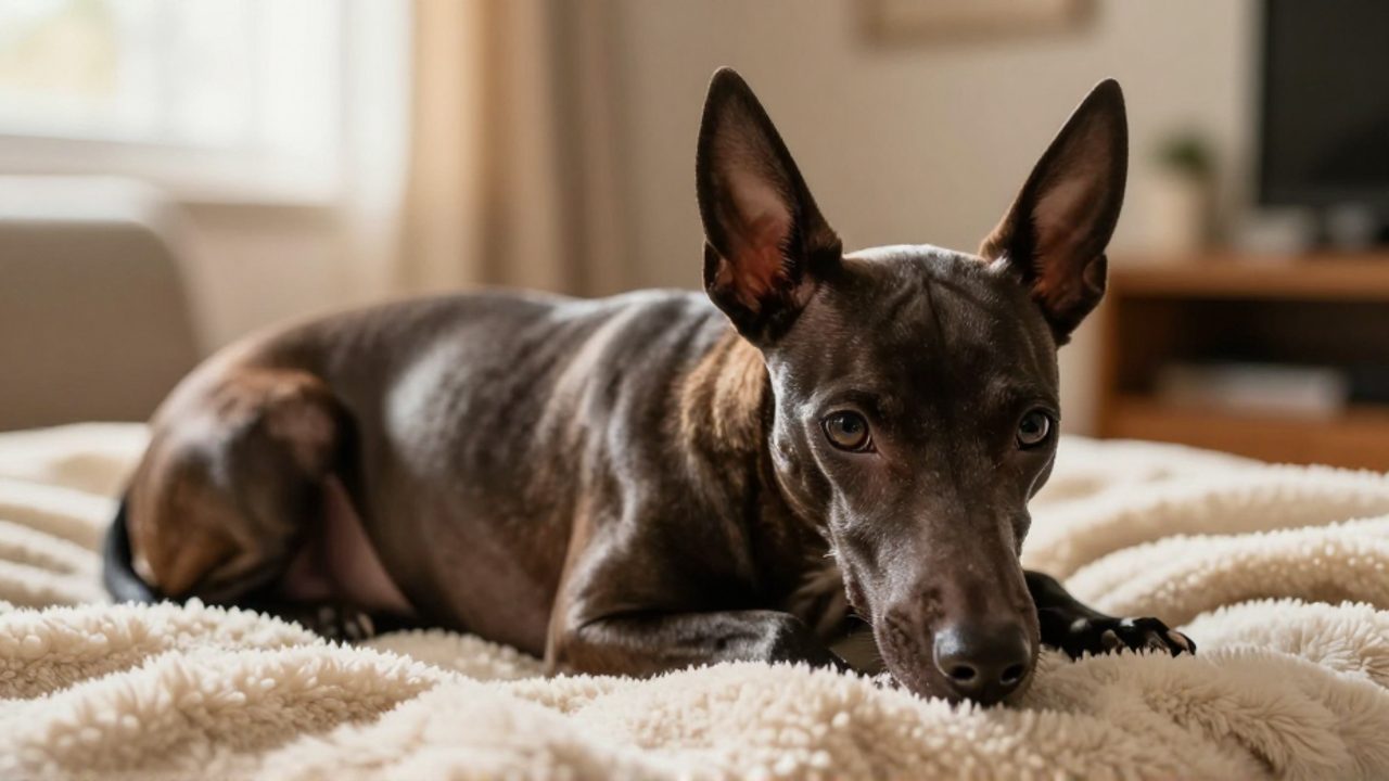 Un perro Xoloitzcuintle de piel oscura y brillante descansa sobre una manta de lana en un ambiente cálido y acogedor.