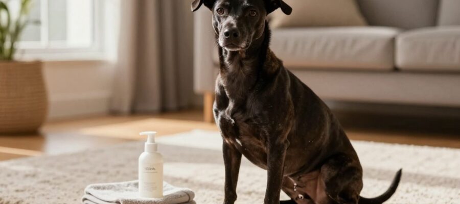 Un perro Xoloitzcuintle de piel oscura se sienta en una sala iluminada junto a un hidratante y una toalla para su cuidado.