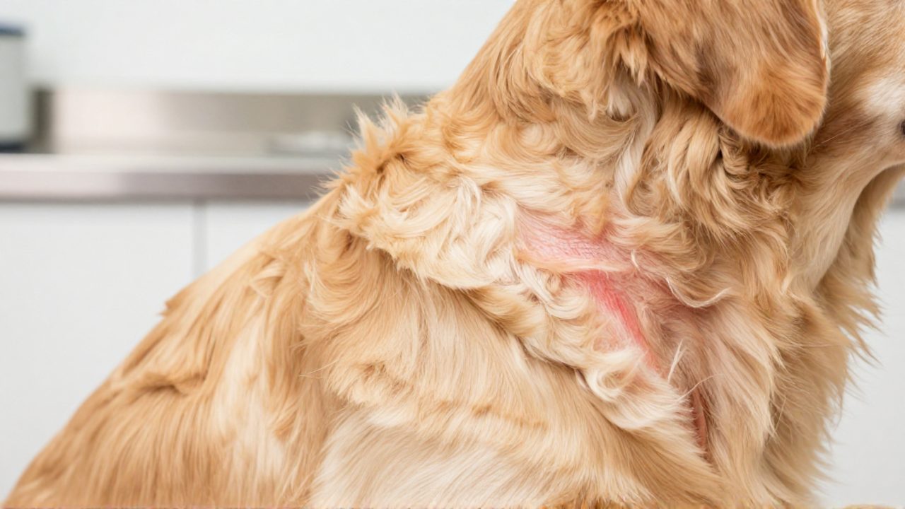 Primer plano de la piel de un perro Golden Retriever que muestra una pequeña zona de enrojecimiento en el cuello.