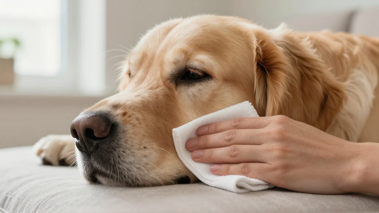Una persona limpia suavemente con un paño húmedo la zona de la barbilla de un perro Golden Retriever para aliviar su piel.