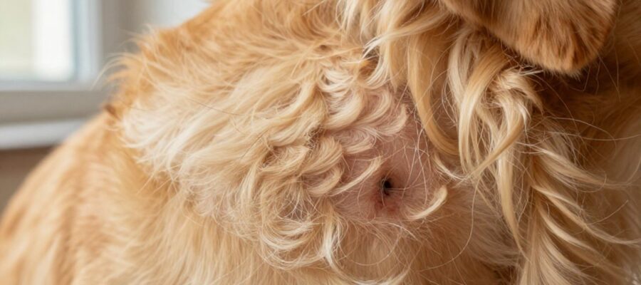 Primer plano de una zona con irritación cutánea y un pequeño bulto en el pelaje de un perro Golden Retriever.