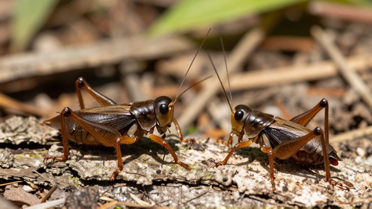 Dos grillos sobre corteza de árbol, mostrando el dimorfismo sexual mediante las alas del macho y el largo ovipositor de la hembra.
