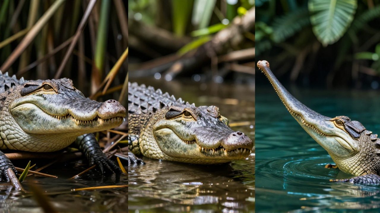 Comparativa de los perfiles de tres crocodilianos que muestra la diferencia entre el hocico ancho en forma de U del aligátor, el hocico en forma de V del cocodrilo y el hocico alargado y delgado del gavial.