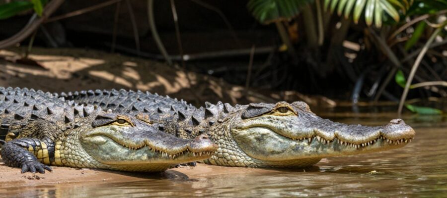 Comparativa de la forma del hocico entre un cocodrilo con punta en V, un aligátor con forma de U y un gavial de hocico largo y estrecho en un entorno de humedal.