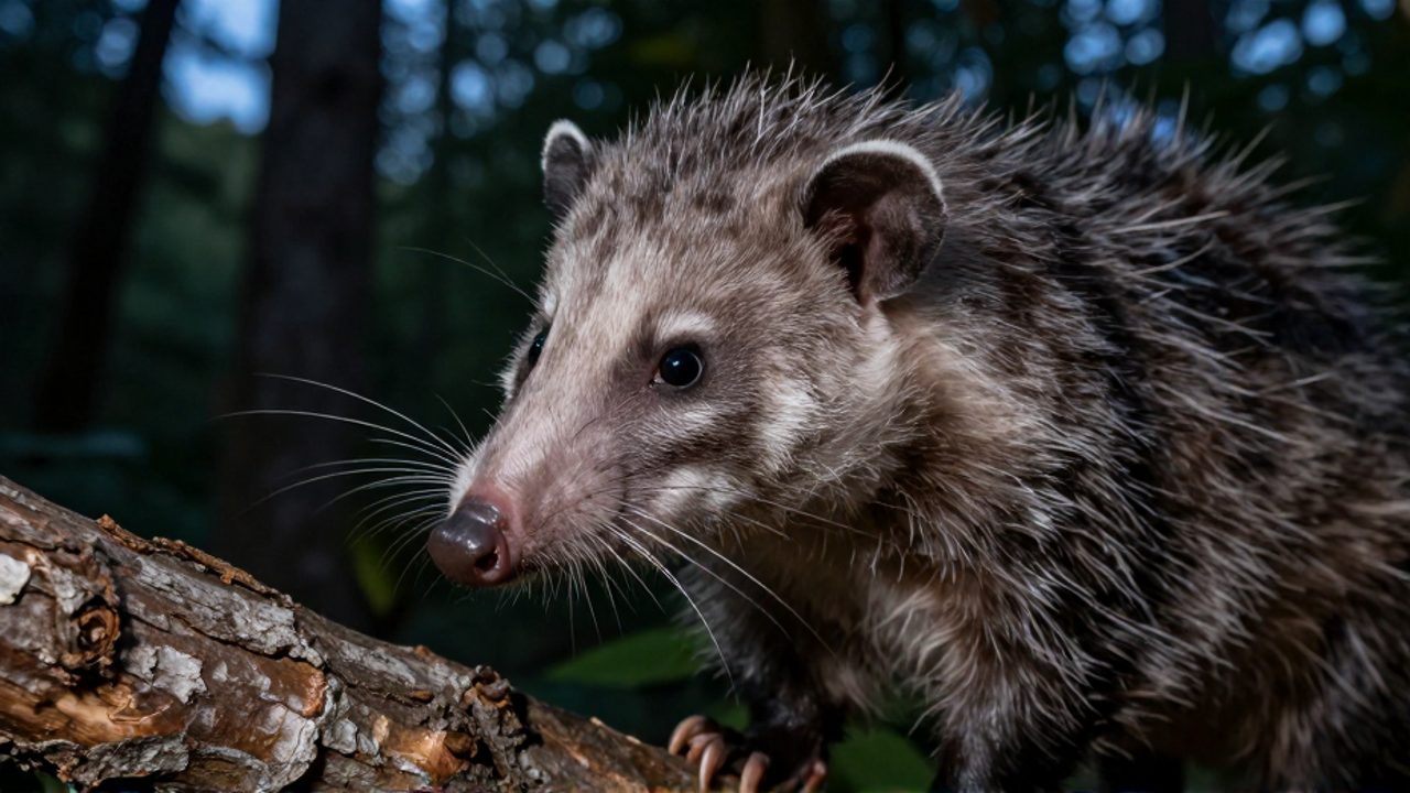 Primer plano de la cabeza de una zarigüeya sobre una rama, destacando su hocico alargado y sus largos bigotes táctiles en un entorno de bosque.