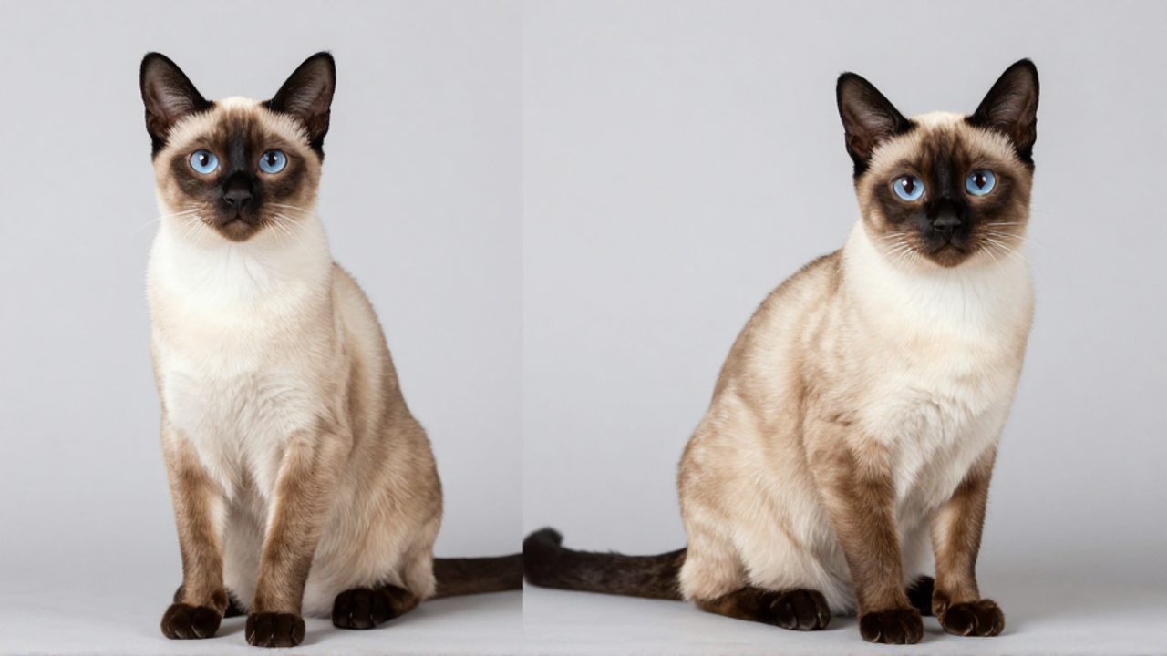 Comparativa entre un gato siamés moderno de cuerpo alargado y cabeza triangular junto a un siamés Thai de complexión robusta y cabeza redondeada.