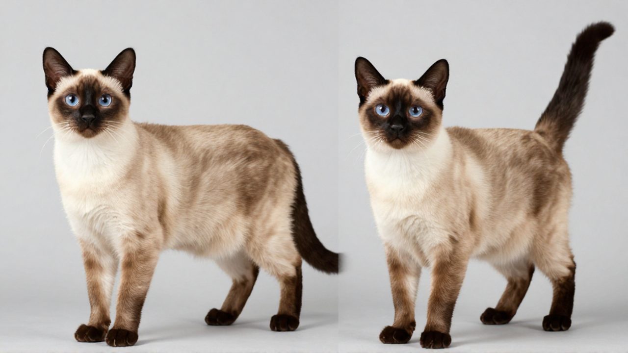Comparativa entre un gato siamés moderno de cuerpo esbelto y cabeza triangular frente a un gato siamés Thai de complexión atlética y cabeza redondeada.