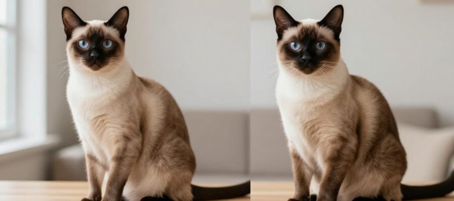 Dos gatos siameses sentados uno al lado del otro para comparar sus diferencias físicas: el de la izquierda tiene una silueta muy delgada y cabeza triangular, mientras que el de la derecha tiene un cuerpo más robusto y cabeza redondeada.