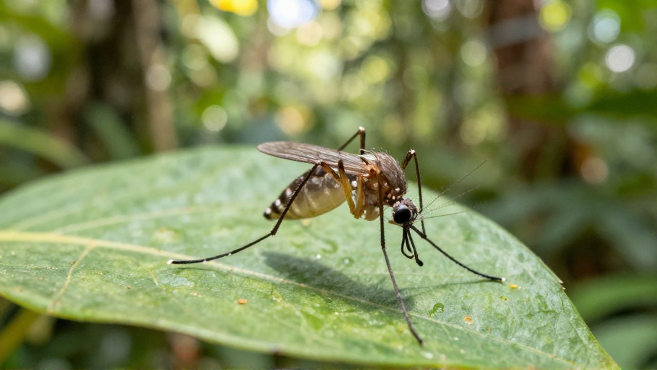 Primer plano de un mosquito posado sobre una hoja verde en un entorno de selva tropical.