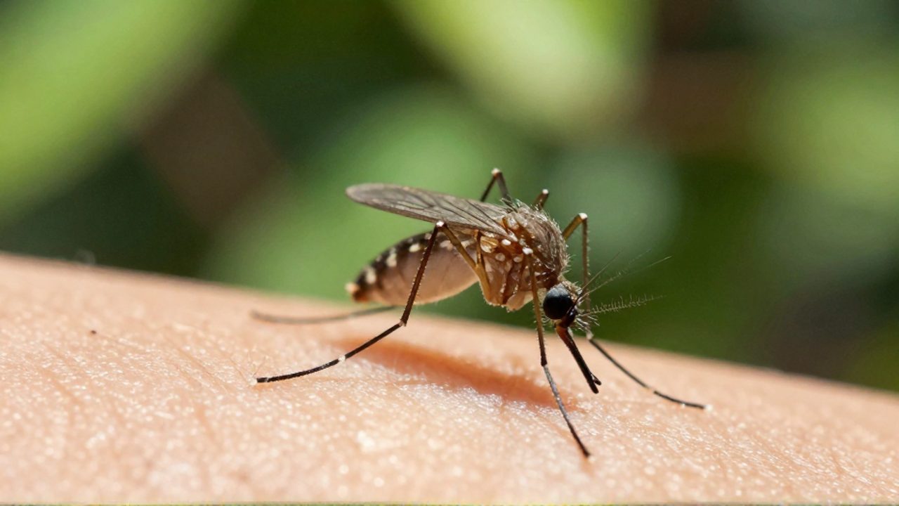 Primer plano de un mosquito posado sobre la piel humana en un entorno natural de vegetación.