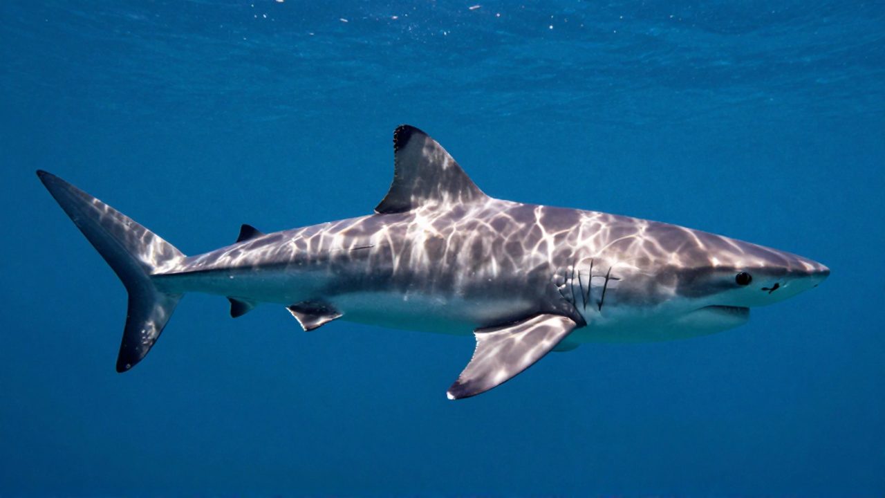 Perfil lateral de un tiburón nadando en aguas profundas que permite apreciar su silueta hidrodinámica y la disposición de sus aletas pectoral, dorsal y caudal.