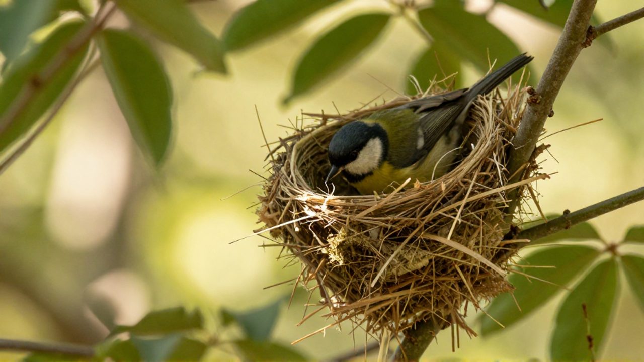 Un pequeño pájaro carpintero teje hierbas secas y ramitas para construir un nido en forma de copa entre las ramas de un árbol.