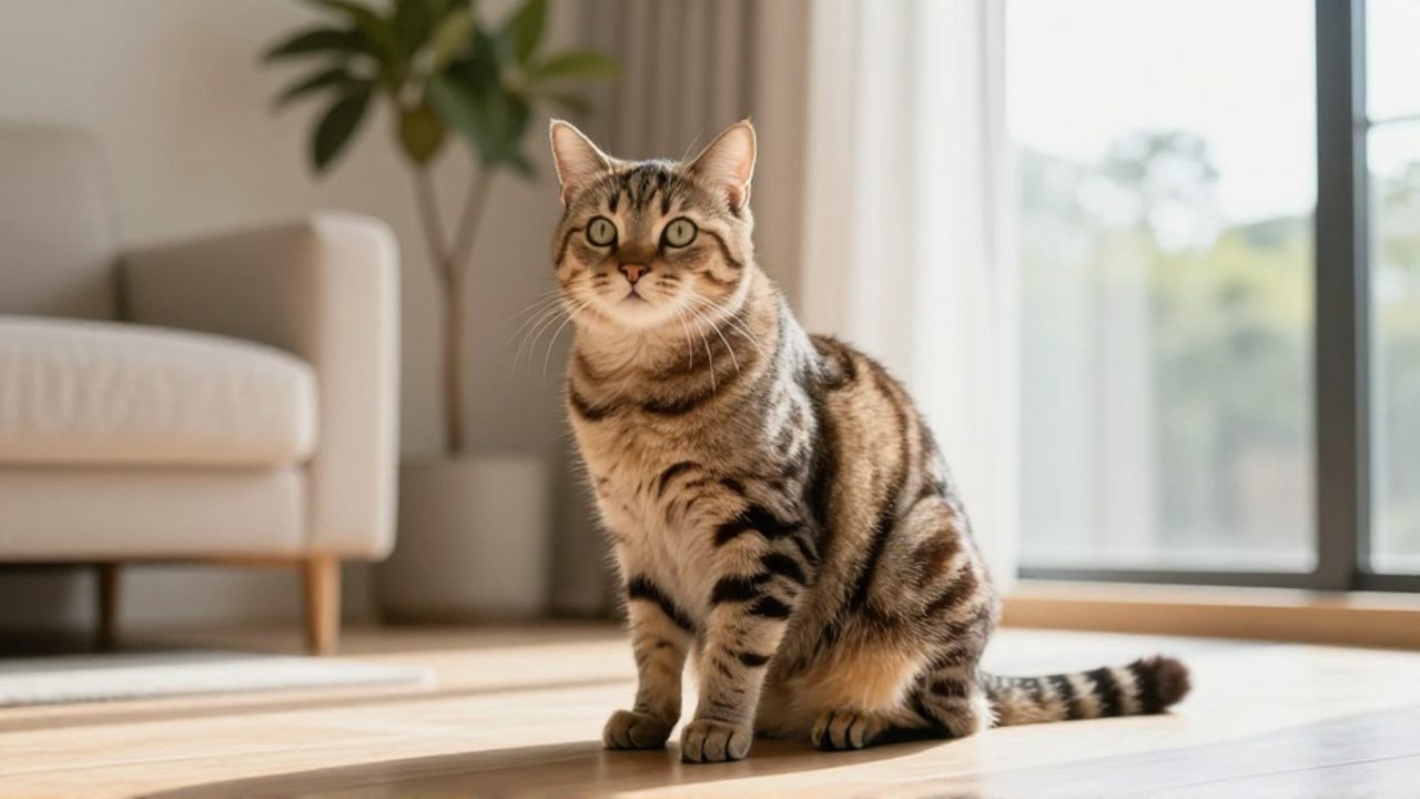 Gato europeo con patrón atigrado sentado tranquilamente en un salón luminoso y minimalista.