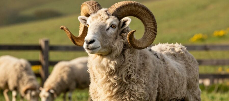 Un carnero de lana espesa destaca por sus grandes cuernos en espiral frente a un grupo de ovejas sin cuernos en un prado verde.
