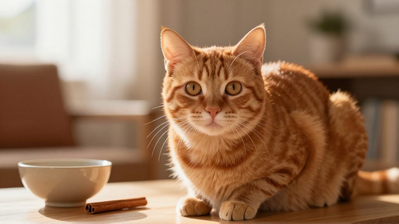 Gato atigrado de color naranja con rayas crema mira fijamente a la cámara sobre una mesa de madera en una sala iluminada por el sol.
