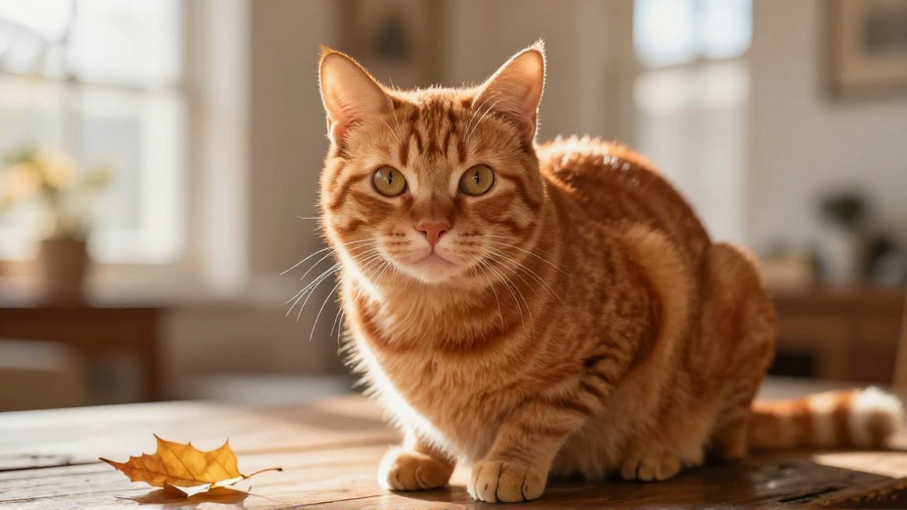 Gato de pelaje naranja atigrado con mirada curiosa, sentado sobre una superficie de madera en un ambiente cálido y luminoso.