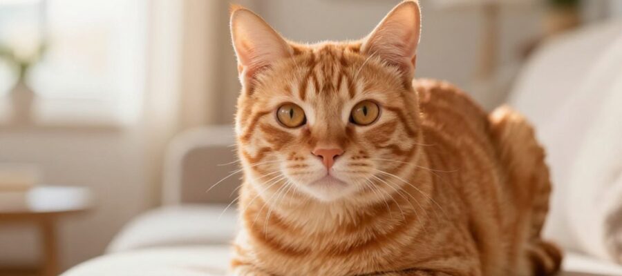 Gato atigrado de color naranja mira con curiosidad hacia la cámara sobre una superficie de lino en un ambiente iluminado por el sol.