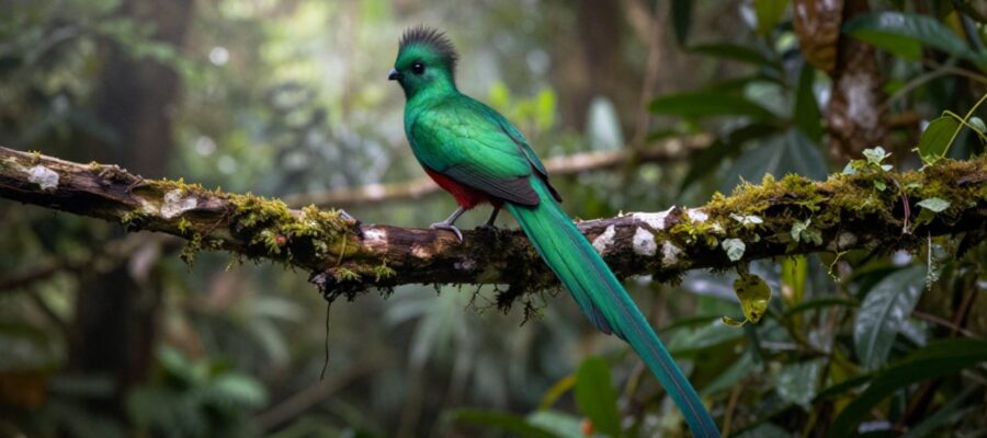 Un quetzal de plumaje verde esmeralda posado sobre una rama con musgo en un bosque nuboso con neblina.