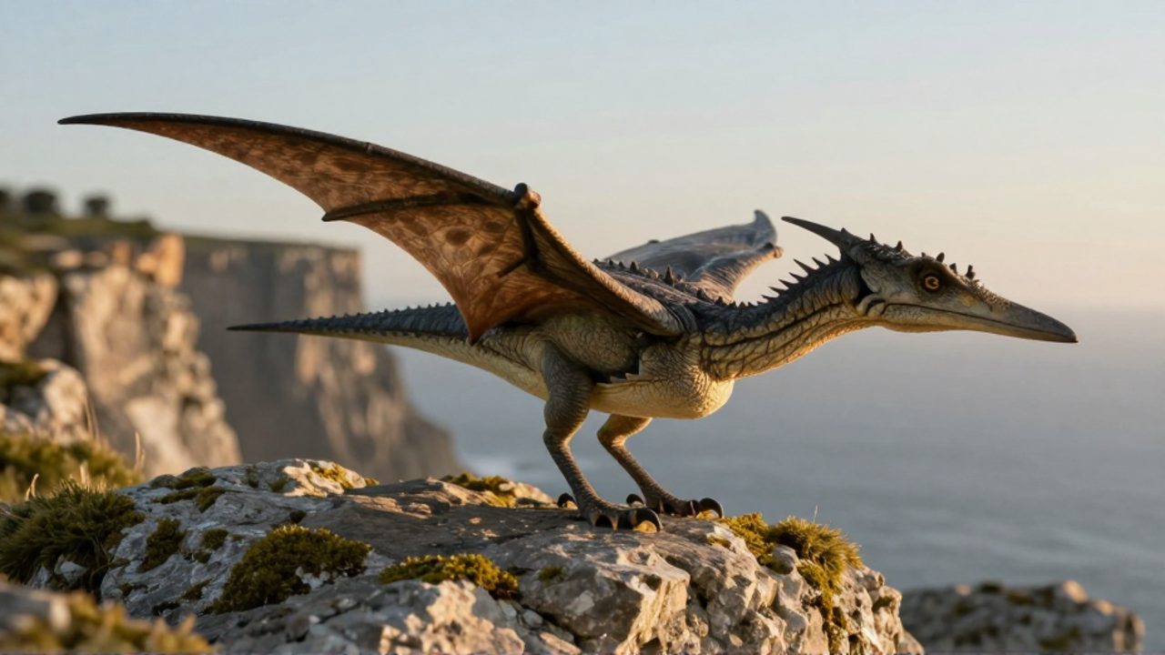Un pequeño pterodáctilo con cresta distintiva posado sobre una roca con musgo en un paisaje costero prehistórico.