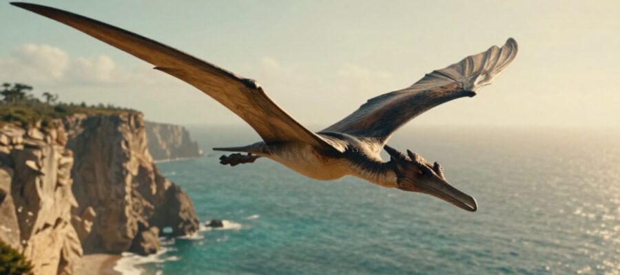 Un pteranodon sobrevuela un paisaje costero prehistórico con grandes alas extendidas sobre un océano de aguas turquesas.