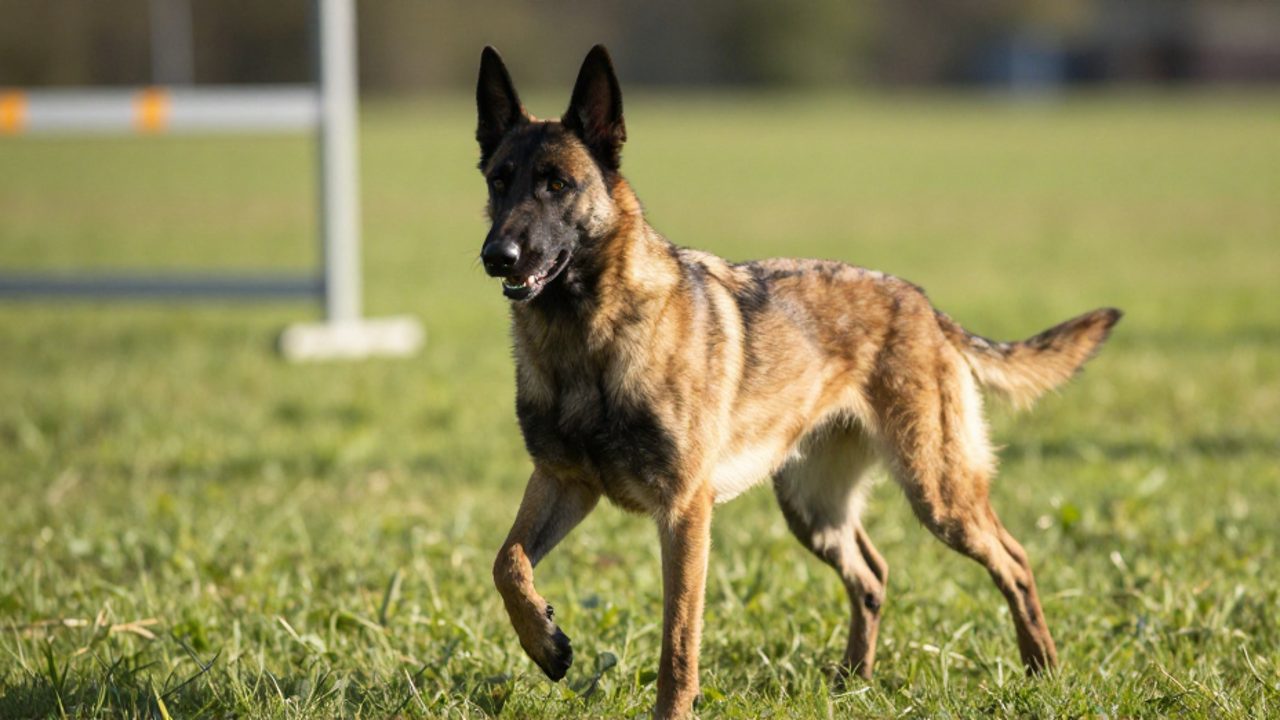 Pastor Belga Malinois atento y concentrado durante un ejercicio de entrenamiento en un campo de práctica al aire libre.