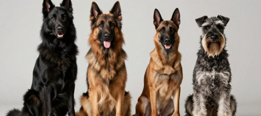 Las cuatro variedades del pastor belga, Groenendael, Tervueren, Malinois y Laekenois, posan juntas en un estudio para mostrar las diferencias en sus pelajes.