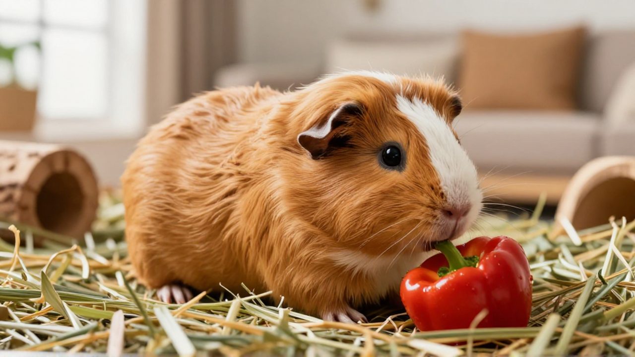 Una cobaya Rex de pelo rizado olisquea un trozo de pimiento rojo sobre una cama de heno y elementos de madera en su hábitat doméstico.