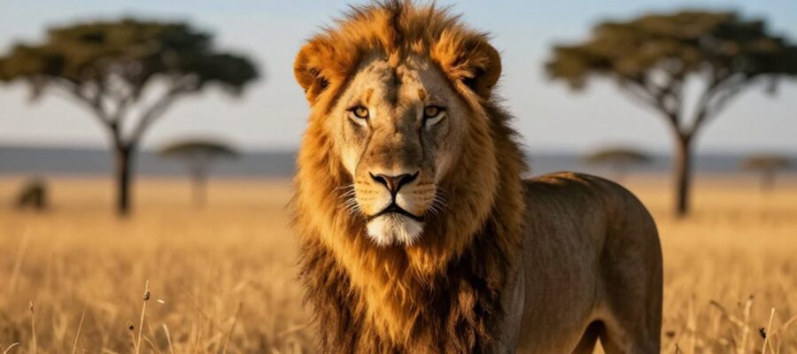 León africano con melena espesa mirando fijamente hacia el horizonte entre la hierba dorada de la sabana.