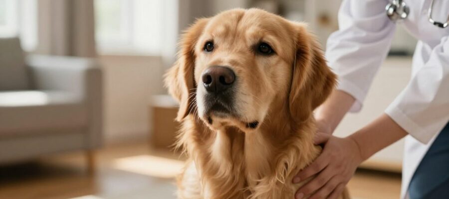 Perro golden retriever con expresión de preocupación mientras una mano profesional le acaricia el hombro para transmitir consuelo.