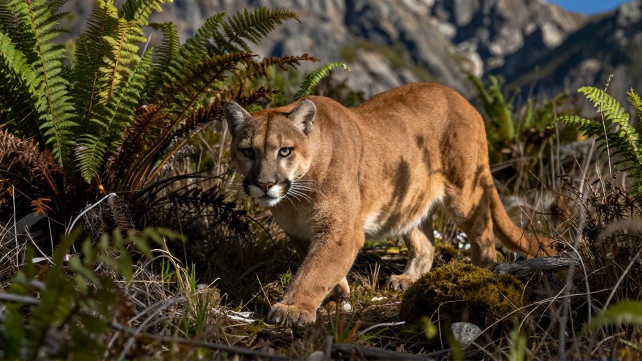 Un puma acecha agazapado entre helechos y matorrales en un bosque con terreno montañoso al fondo.