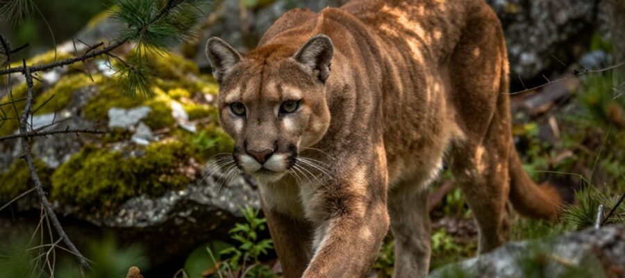 Un puma camina sigilosamente entre la vegetación y rocas de un bosque de alta montaña con la mirada fija en su objetivo.