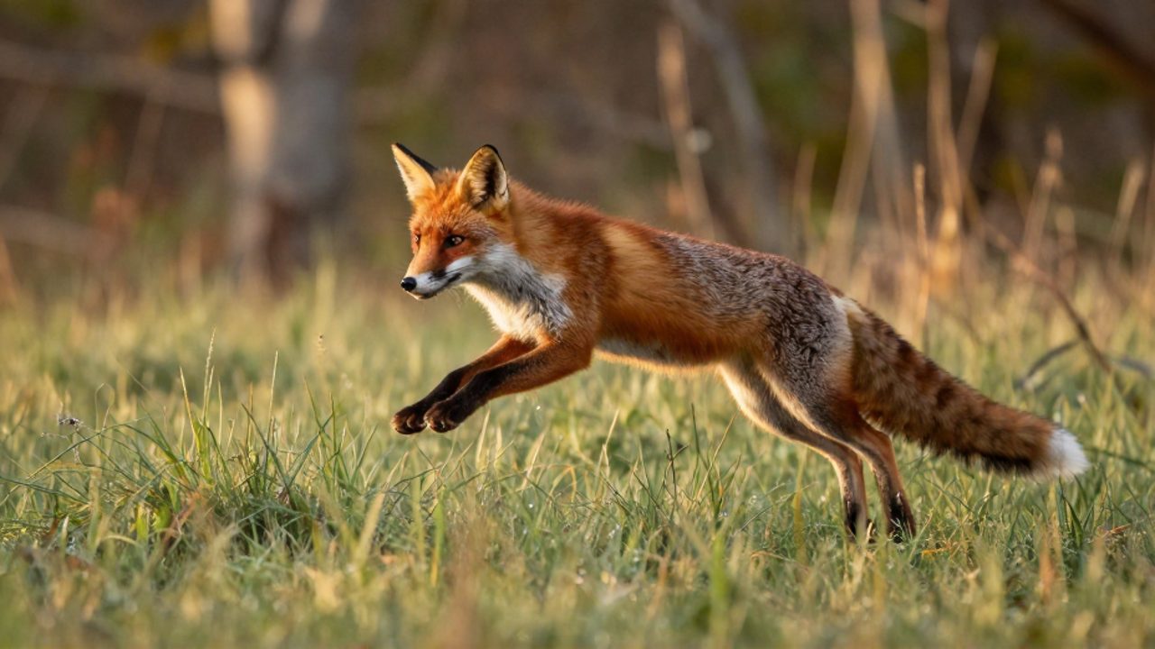 Un zorro rojo realiza un salto dinámico entre la hierba alta de un bosque durante el atardecer.