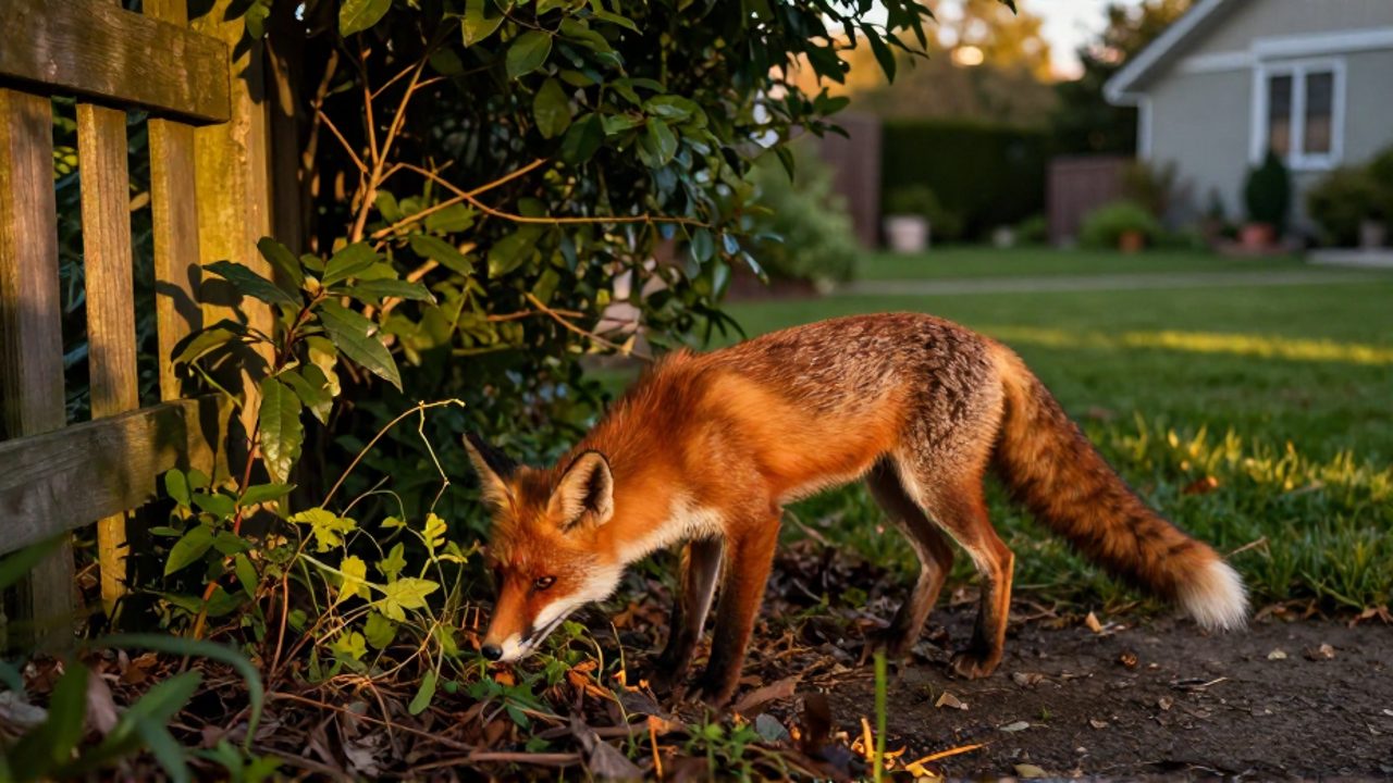 Un zorro rojo busca alimento entre la vegetación y hojas secas en el límite entre un jardín residencial y un bosque.