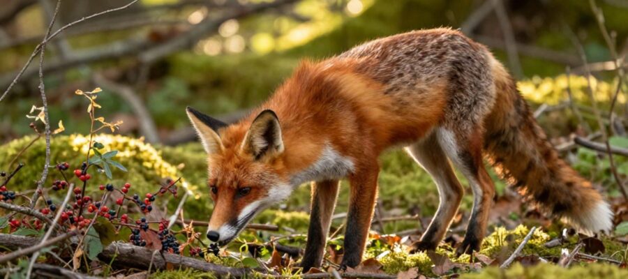 Un zorro rojo olfatea bayas silvestres y hojas secas en un claro de un bosque iluminado por el sol.