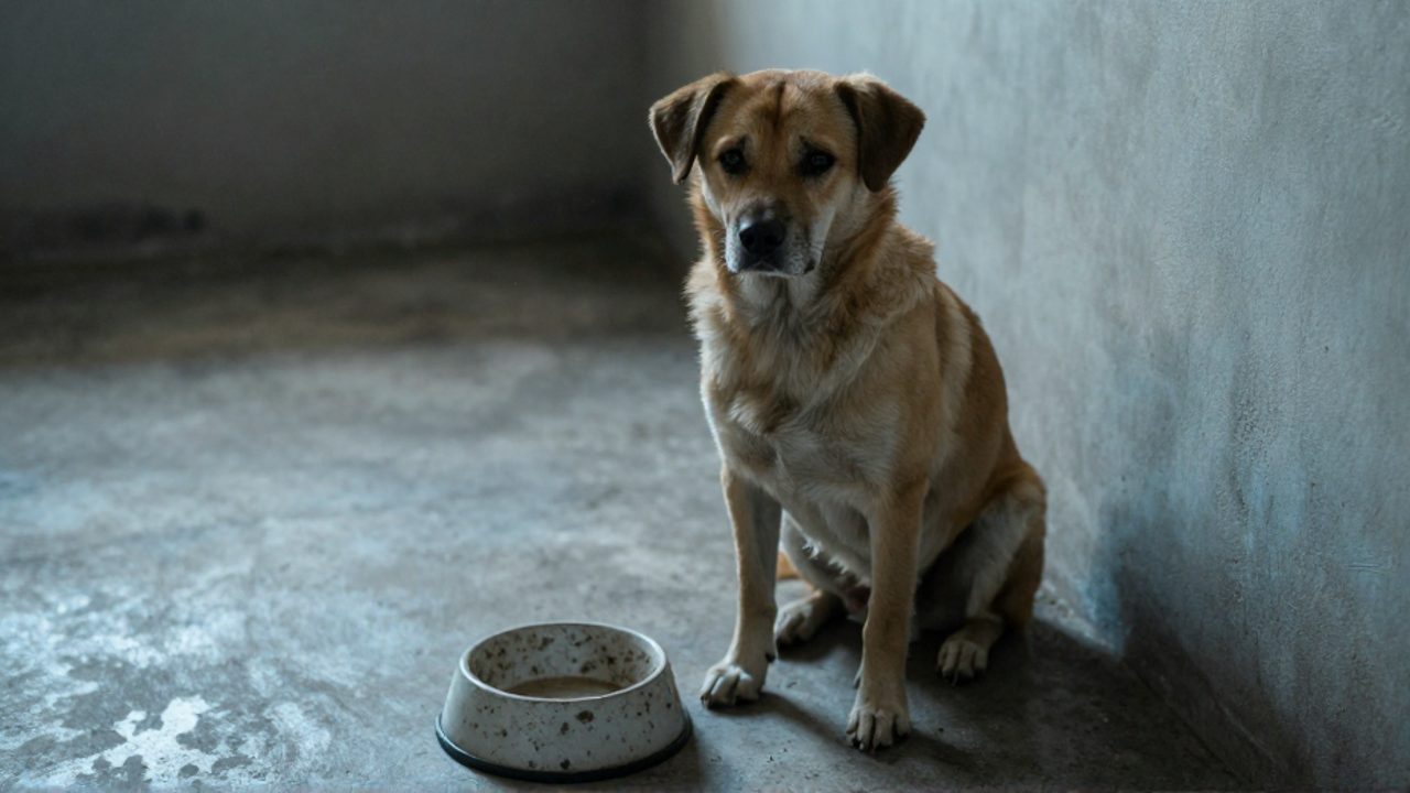 Perro con aspecto triste y descuidado sentado en un rincón oscuro junto a un cuenco de agua vacío sobre un suelo de cemento.