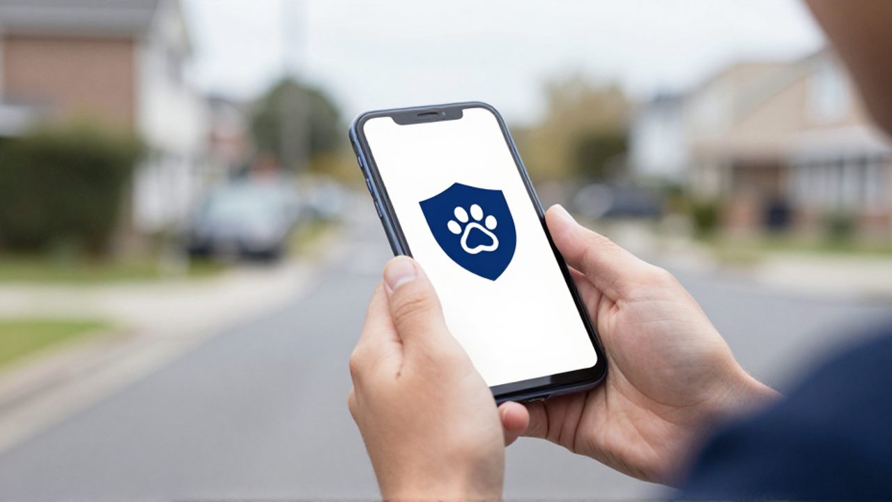 Manos de una persona sosteniendo un teléfono móvil que muestra una aplicación de denuncia con un icono de un escudo y una huella de animal.