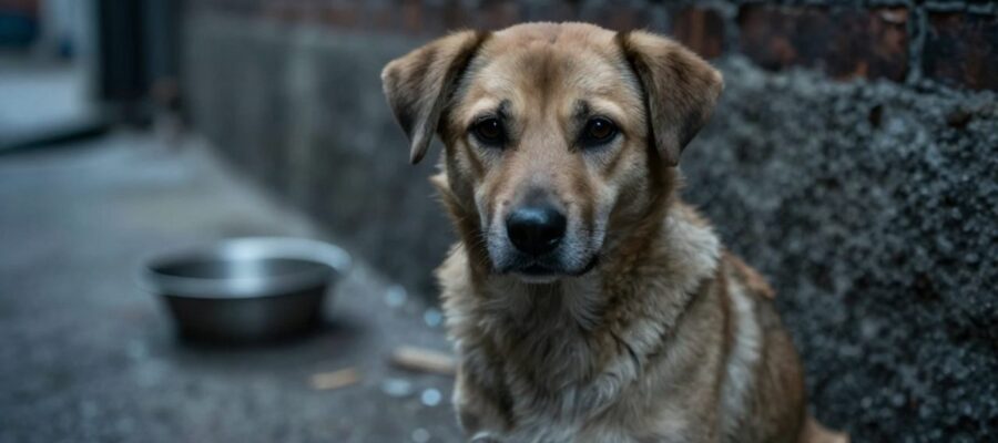 Perro mestizo de mirada triste y vulnerable sentado solo en un callejón urbano desolado junto a un cuenco de comida vacío.