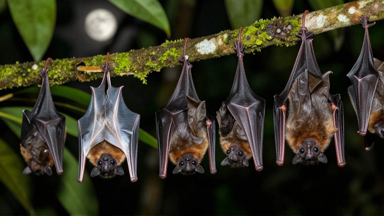 Diversos tipos de murciélagos, incluyendo especies insectívoras y frugívoras, descansan sobre un tronco con musgo y ramas en una selva tropical.