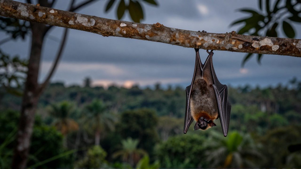 Un pequeño murciélago frutero sujeto a una rama en un bosque tropical que muestra signos de deforestación bajo un cielo crepuscular.