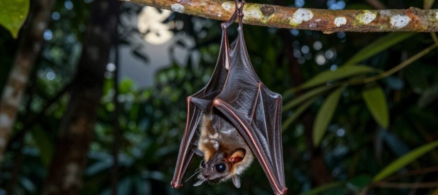 Un murciélago insectívoro pequeño cuelga de la rama de un árbol en un bosque tropical sombrío.