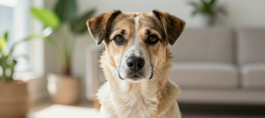 Perro mestizo de pelaje moteado y mirada curiosa sentado en una luminosa sala de estar.