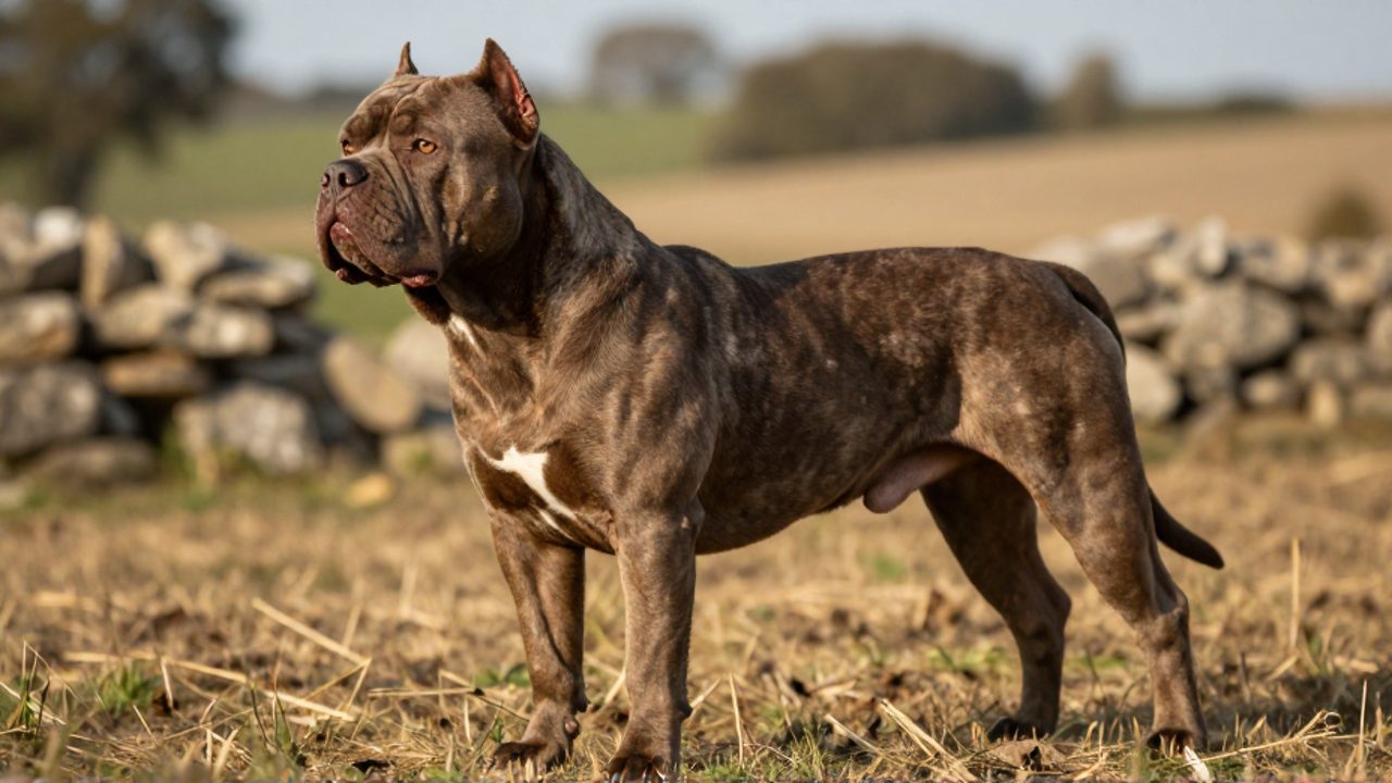 Perfil de un perro Bullenbeisser de musculatura robusta y cabeza cuadrada con mandíbula prominente ante un paisaje rural europeo.