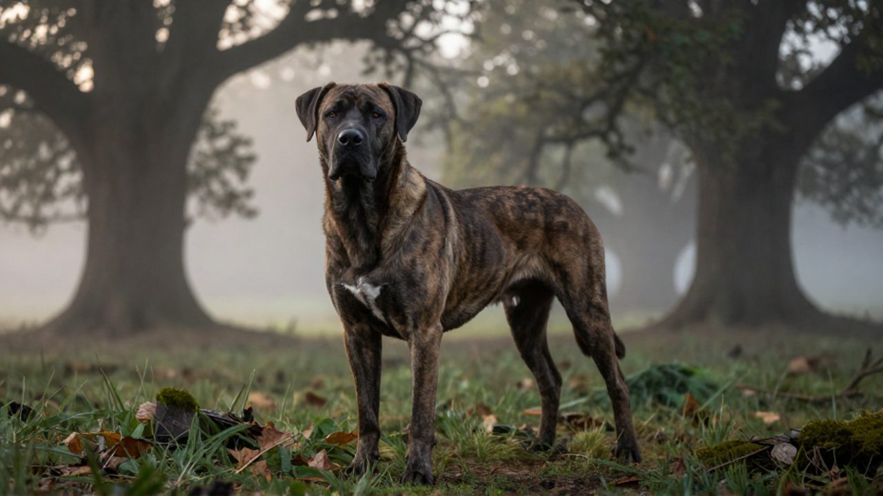 Perro Bullenbeisser de constitución robusta y pelaje atigrado, con mandíbula prominente, posando alerta en un bosque neblinoso al amanecer.