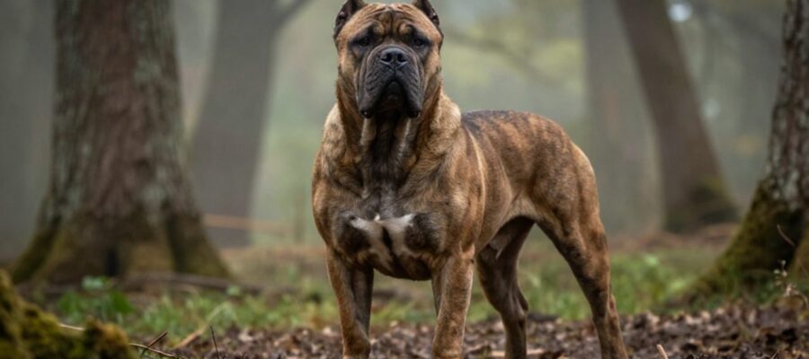 Perro Bullenbeisser de complexión robusta y pelaje atigrado parado en un bosque brumoso de Europa Central.